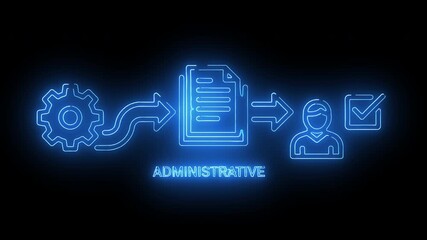 Administrative neon workflow featuring document icon, gear mechanism, user symbol and step-to-step digital process sequence