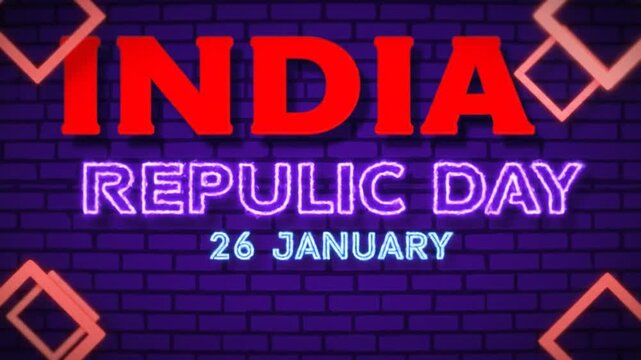Happy Republic Day of India, 26 January. World National Days Neon Text Effect on bricks background