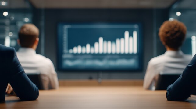 A group of professionals watching a data presentation with a rising graph on a large screen in a modern meeting room.