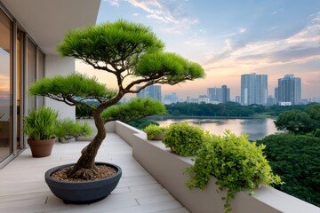 Bonsai tree on modern balcony overlooking city lake at sunset