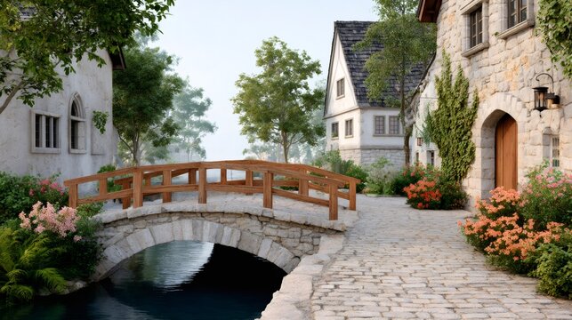 Fantasy medieval village with stone bridge crossing river - Powered by Adobe