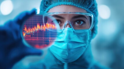 A scientist examines data through a magnifying glass, showcasing a vibrant graph, symbolizing research and analysis in a laboratory setting.