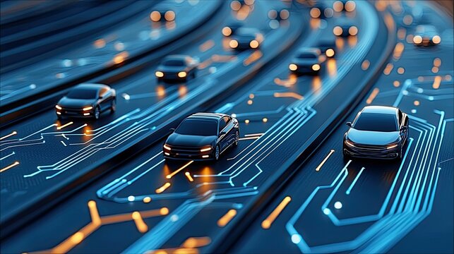 A futuristic image showcasing autonomous cars driving on a highway designed with circuit board patterns, representing technological advancement and innovation.