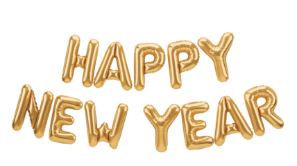 Golden happy new year balloons isolated on transparent background