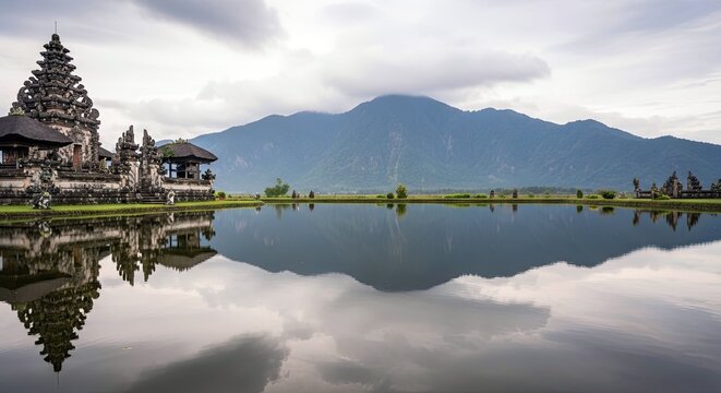 Scenic view of a Balinese temple reflected in a calm lake, with a mountain range in the background under a cloudy sky.