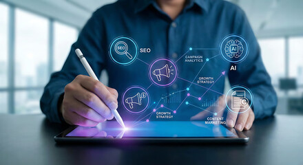 Digital strategist analyzing marketing campaign performance metrics on tablet, leveraging AI and SEO for enhanced growth strategies and content marketing insights on sleek device