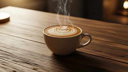 Steaming Coffee Cup on Rustic Wooden Table.