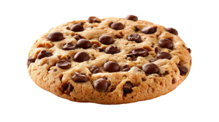 Chocolate chip cookie with golden brown texture and melting chocolate morsels, isolated on transparent background, sweet snack