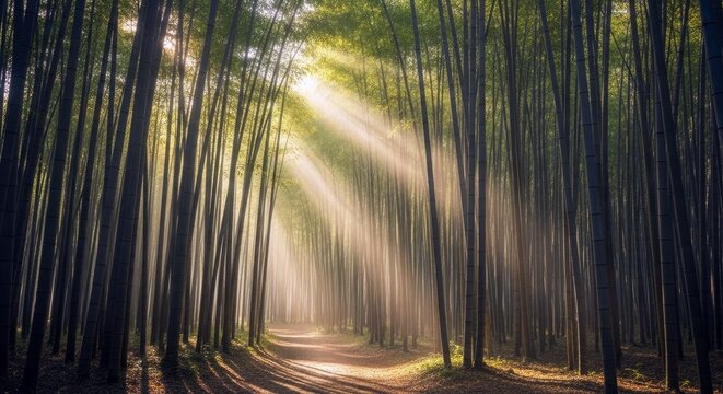A path winds through a dense bamboo forest, illuminated by rays of sunlight filtering through the trees, creating a serene and peaceful atmosphere.
