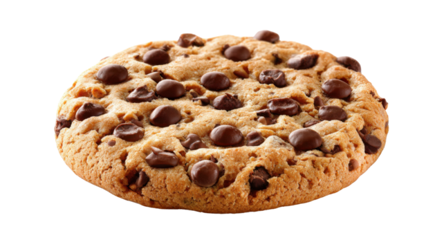 Chocolate chip cookie with golden brown texture and melting chocolate morsels, isolated on transparent background, sweet snack