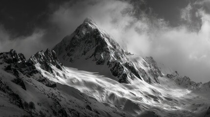 Grayscale view of a snow-covered mountain peak under cloudy skies, dramatic and majestic