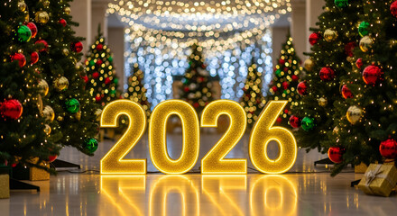 Image is a festive, holiday-themed photograph featuring the year '2026' in large, golden, glittering numbers prominently displayed in the center. The numbers are illuminated, casting a warm glow on th