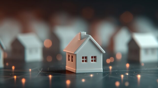 A miniature house model stands out among a blurred background of similar houses, illuminated by soft light, creating a cozy and inviting atmosphere.
