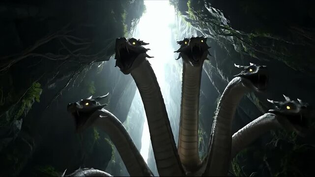 Mythical multi headed serpent creature in a dark rocky cavern with dramatic lighting