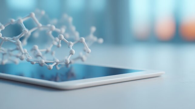 A digital tablet with a molecular structure overlay, symbolizing technology and science integration in modern research.