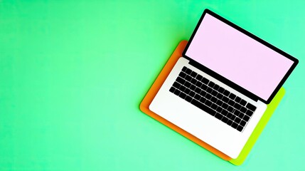 A laptop computer is placed on top of colorful pads against a vibrant green background, viewed from above.