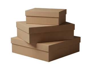 Stack of three plain brown cardboard gift boxes with lids in different sizes isolated on transparent background for packaging or storage concept