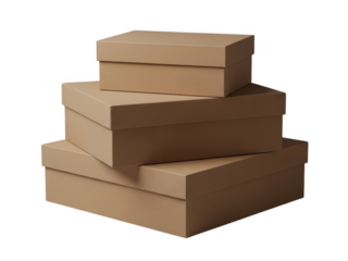 Stack of three plain brown cardboard gift boxes with lids in different sizes isolated on transparent background for packaging or storage concept