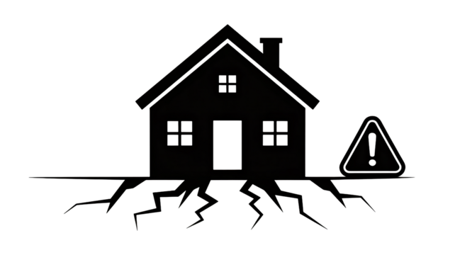 House with cracks and a warning sign indicating foundation problems now