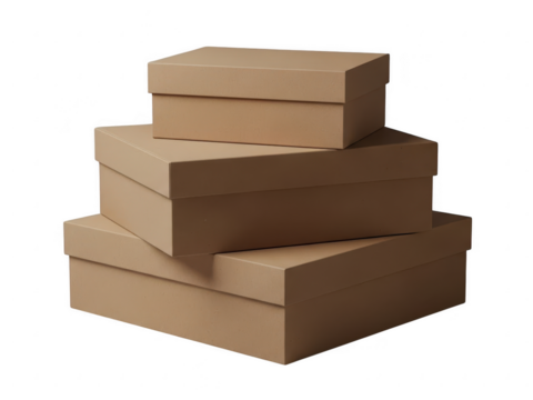 Stack of three plain brown cardboard gift boxes with lids in different sizes isolated on transparent background for packaging or storage concept