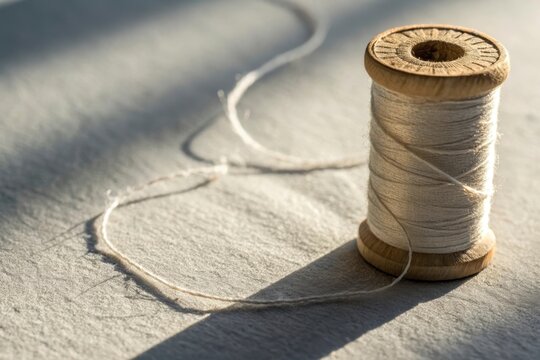 Close up of cotton thread on a wooden spool with shadows