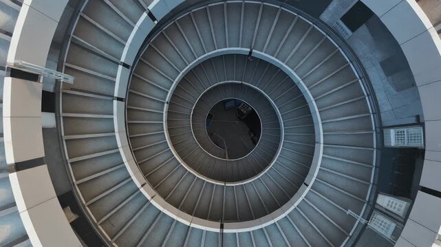 Overhead view of a spiral staircase with gray steps and white railings, creating a mesmerizing circular pattern.