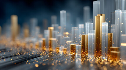 3D abstract financial bar chart with glowing data visualization on blue background