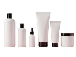 Collection of various white cosmetic packaging containers including bottles, tubes, and jar with black caps isolated on transparent background