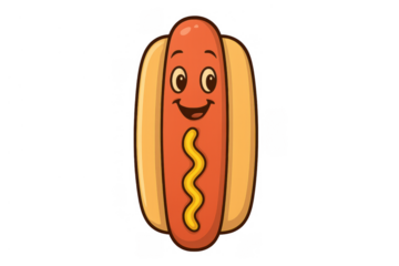 Happy cartoon hot dog character with mustard smiling, representing fast food, summer, and fun on transparent background