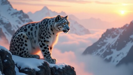 Majestic snow leopard perched atop a snow-covered mountain peak, gazing at a breathtaking sunrise.