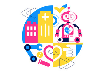 Robotic For Healthcare Illustration Featuring Robots Used In Medicine With AI Integration, Modern Hospital Innovation, and Advanced Health Technology