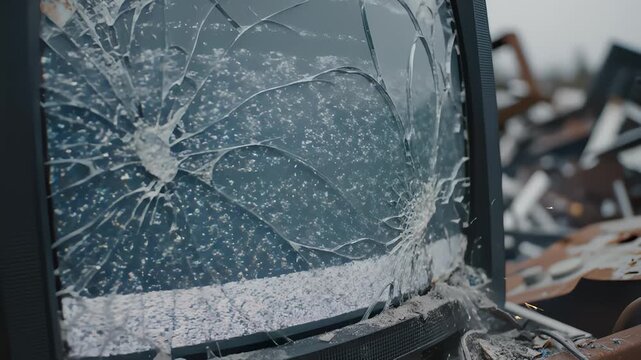 Old Tv Set Being Destroyed and Breaking Glass Screen With Sparks
