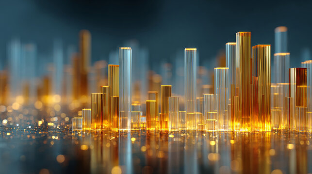 3D abstract financial bar chart with glowing data visualization on blue background