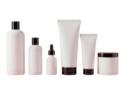 Collection of various white cosmetic packaging containers including bottles, tubes, and jar with black caps isolated on transparent background