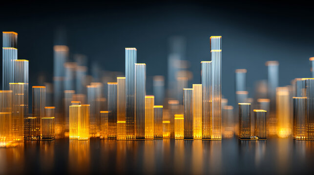 3D abstract financial bar chart with glowing data visualization on blue background