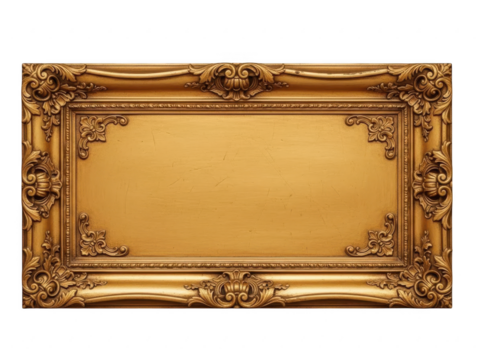 Ornate antique golden picture frame with elaborate baroque carving, isolated on transparent background for easy copy space