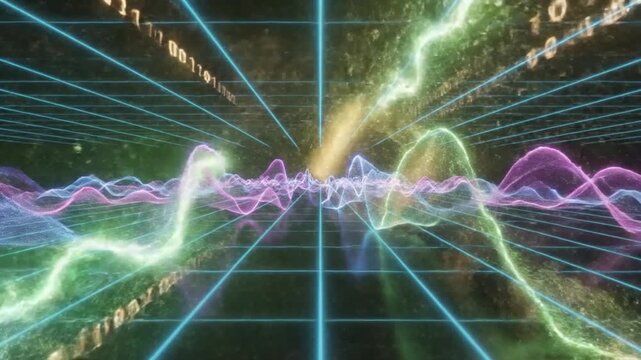 Abstract digital data visualization with binary code and wave patterns for technology concept design