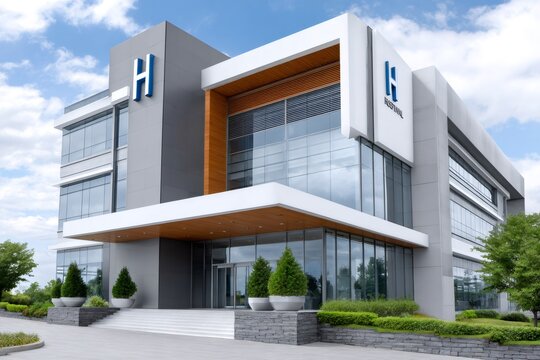 Modern hospital building exterior with clear sky