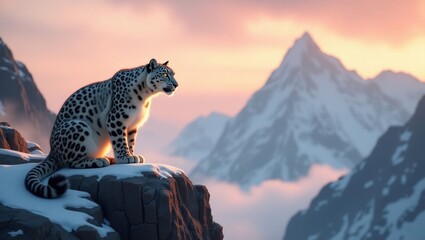A snow leopard sits regal on a snow-capped mountain peak, bathed in the golden light of a serene sunrise.