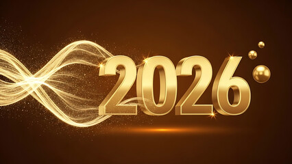 Golden 2026 numbers with flowing light and particles on dark background year