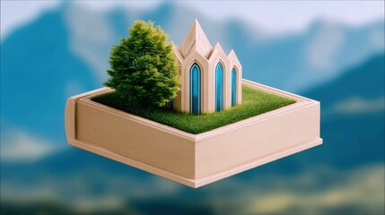 A miniature church, tree, and grass sit on top of a book, floating against a blurred blue sky and mountain background.