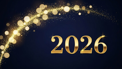 Golden 2026 numbers with sparkling light streaks on dark blue background year