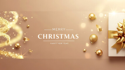 Golden Christmas Ornaments Confetti Gift Box And Merry Christmas Text ribbon