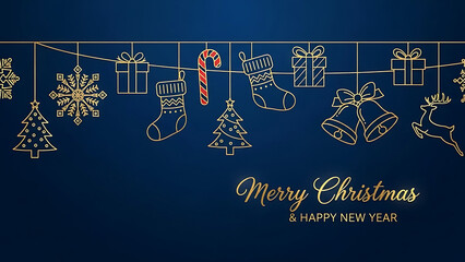 Golden Christmas ornaments hanging on a blue background with text holiday decoration