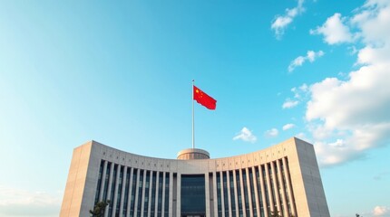 Modern government building with red flag flying high against blue sky