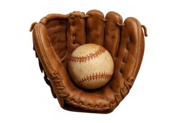 Baseball glove holding an aged baseball, traditional american sport equipment, game day gear, transparent background