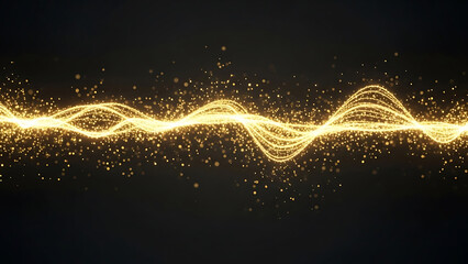 Golden glowing wavy particles and light streaks on dark background wave