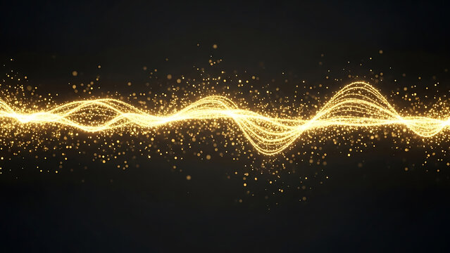Golden glowing wavy particles and light streaks on dark background wave