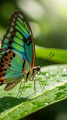 Vibrant butterfly resting on a lush green leaf with water droplets.