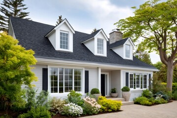 Suburban home exterior with beautiful landscaped garden